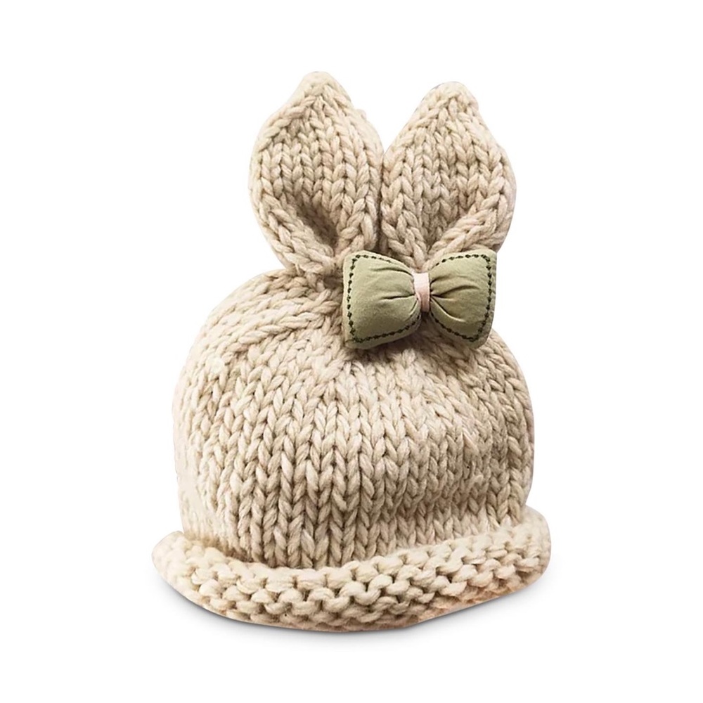 Knitted baby girl rabbit ear hat with bow